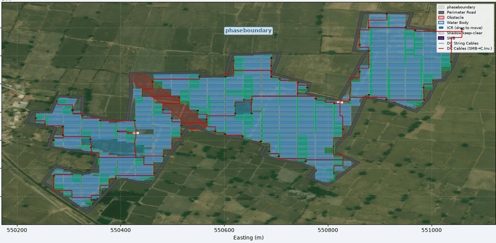 Generated PV plant layout overlaid on satellite imagery