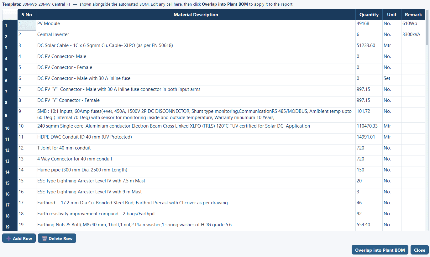 Automated bill of materials with quantities, units and specifications