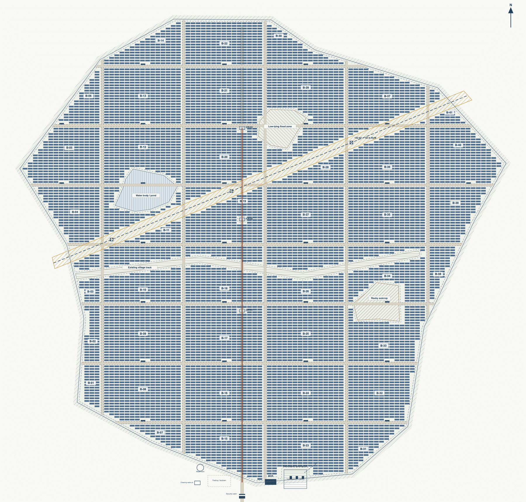 A complete utility-scale PV plant general-arrangement drawing generated by SolarLayout