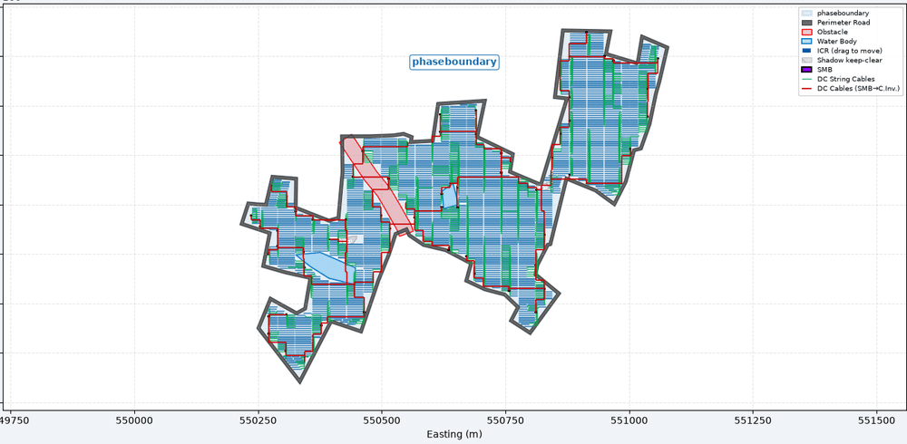 Generated plant layout with tables, inverters and cable routing