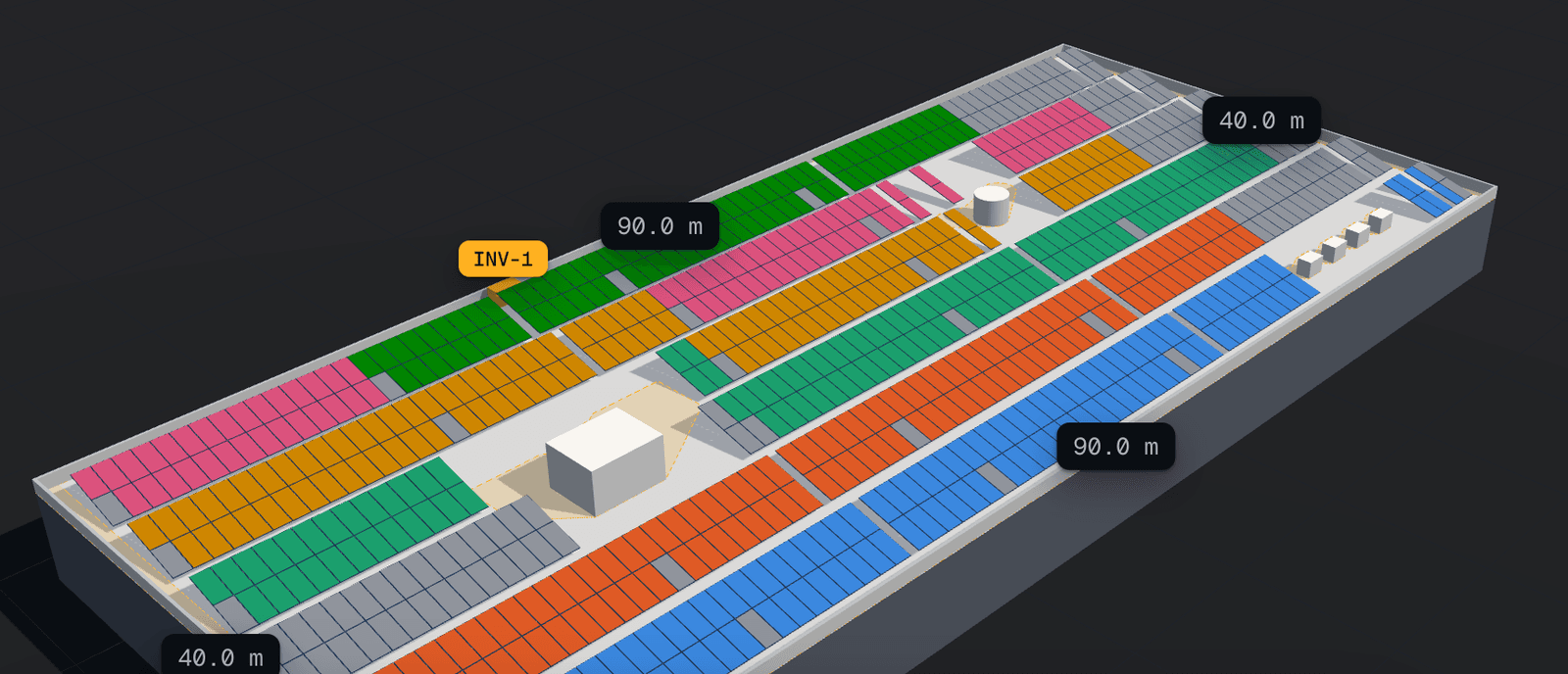 A flat roof designed in SolarLayout Rooftop, in 3D: its modules coloured by the inverter input they are wired to