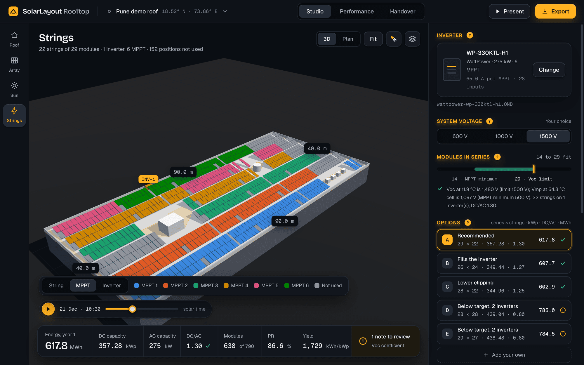 SolarLayout Rooftop's Strings lens: a flat roof in 3D with its modules coloured by MPPT, and the stringing options beside it
