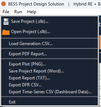The File menu open, listing the project save/open actions above every report and data export action.