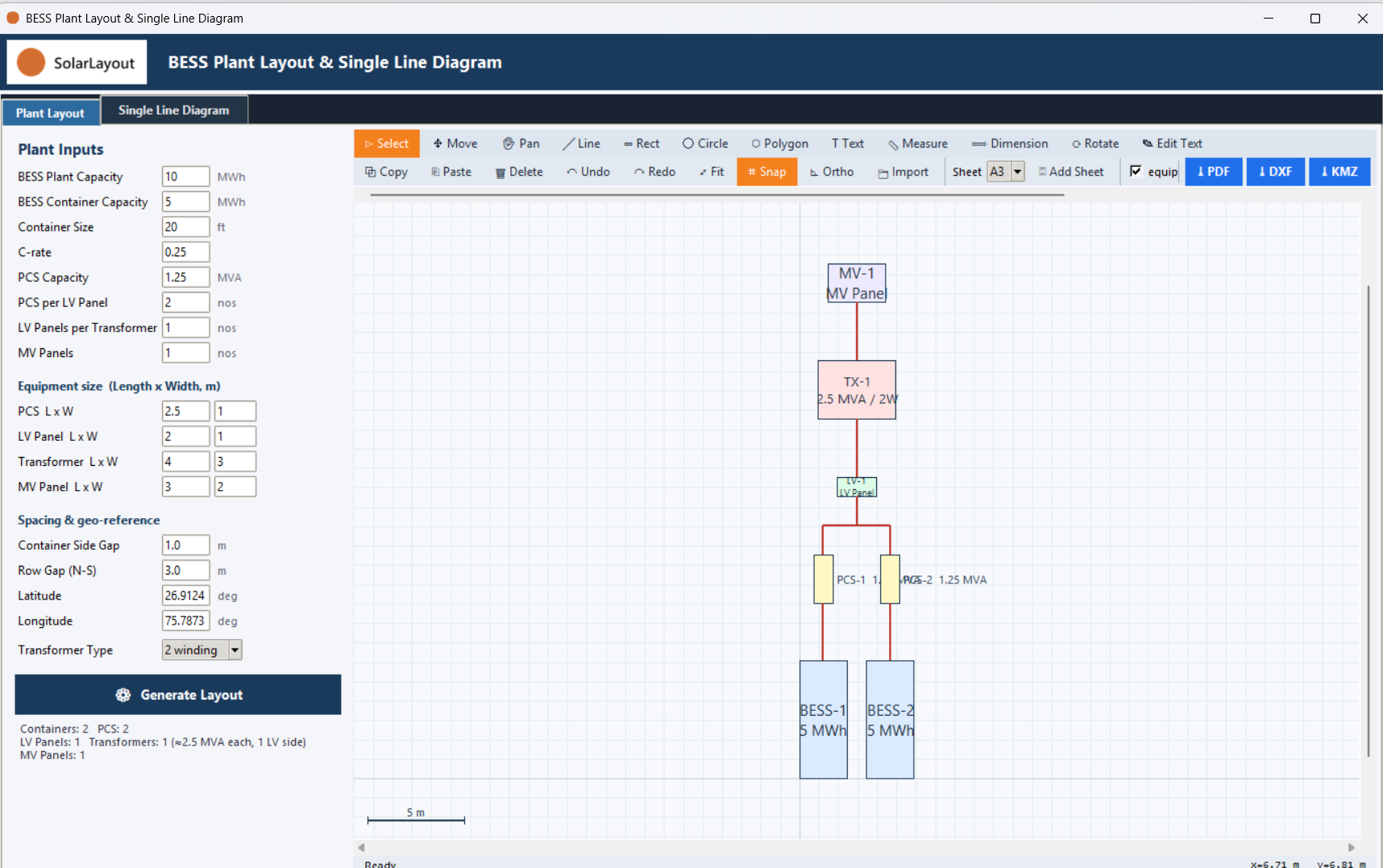 The Plant Layout canvas after Generate Layout, showing the south-to-north stack of containers, PCS, LV panels, transformers and MV panels joined by connection lines.