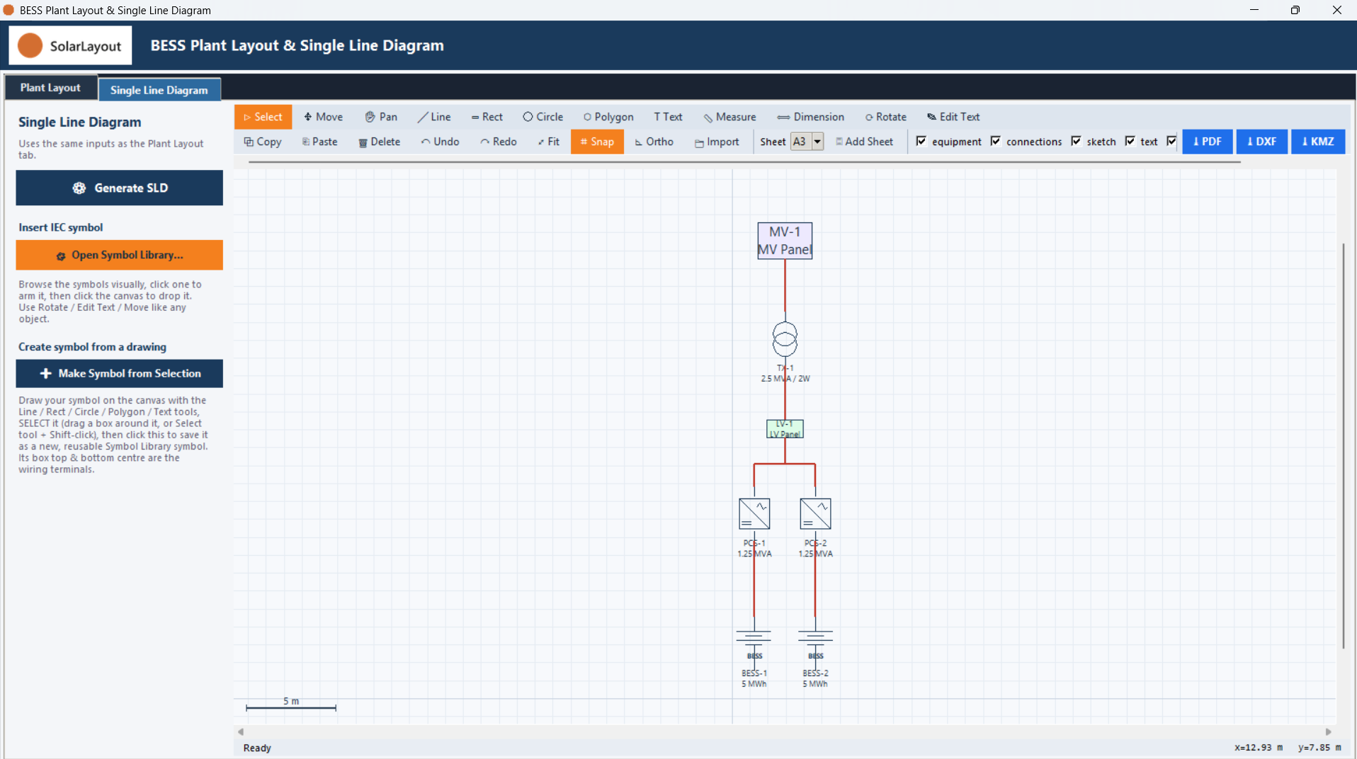 The Single Line Diagram canvas after Generate SLD, showing the same plant topology drawn as IEC schematic symbols.