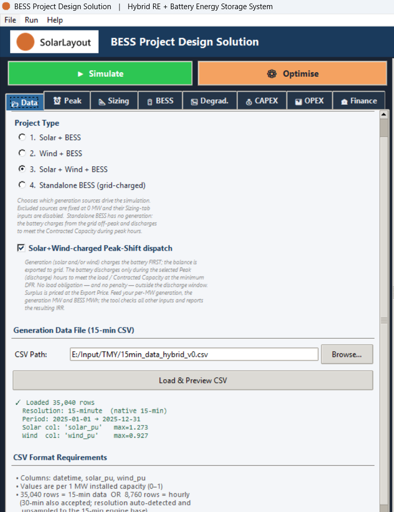 The four project type options on the Data tab, with Solar + Wind + BESS selected.