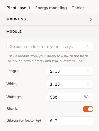 Inspector Plant Layout tab, Module section, with the Bifacial switch on and the Bifaciality factor (φ) set to 0.7.