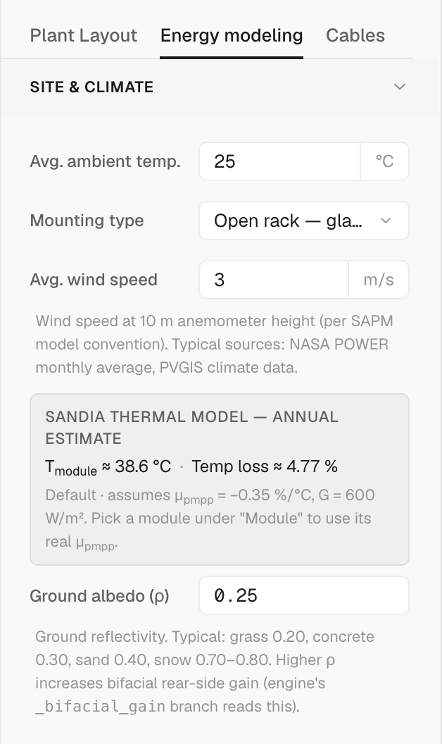 The Energy modeling tab's Site & Climate section, with the Ground albedo field set to 0.25 and help text describing typical reflectivity values for grass, concrete, sand, and snow.