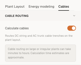 Inspector Cables tab showing the Calculate cables toggle switched on, with the cable-routing description below it.