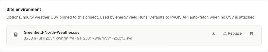 Project Settings → Site environment with a weather CSV attached, showing the file name and its parsed summary (hours, annual GHI, average temperature) plus Replace / Download / Remove.