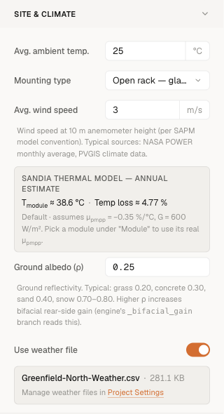 Energy modeling tab → Site & Climate, with the 'Use weather file' switch on and the attached CSV's name shown below it.
