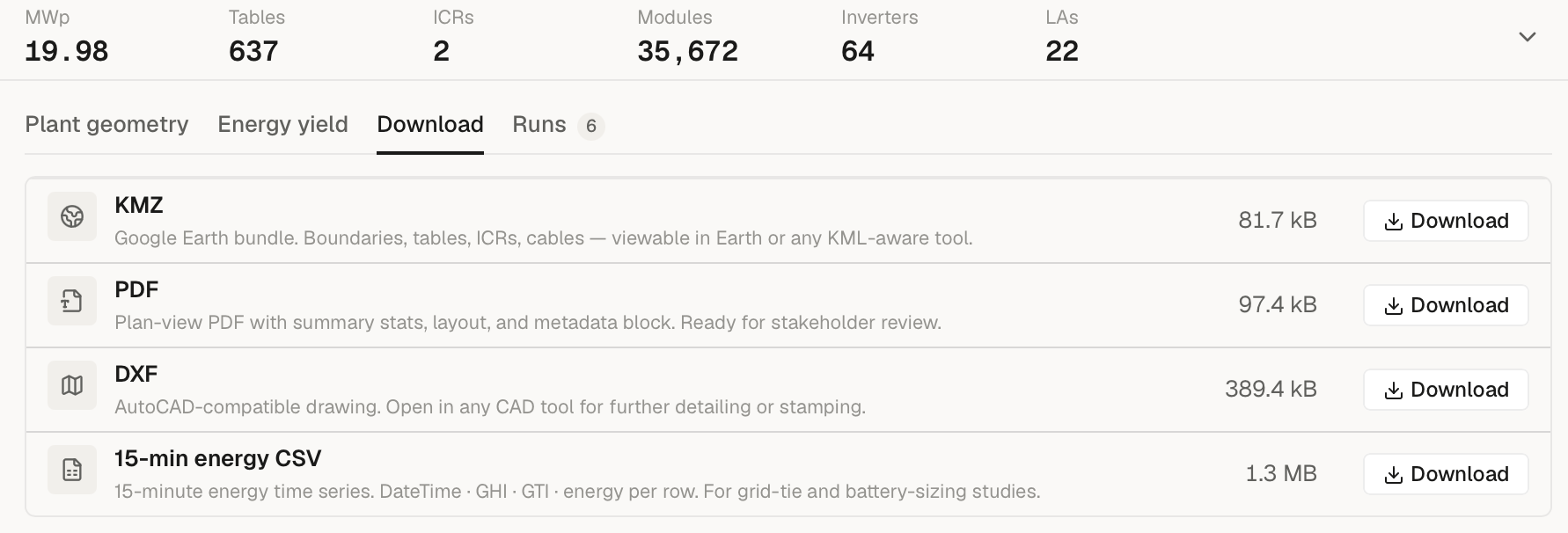 SolarLayout Download tab with four rows (KMZ, PDF, DXF, and the 15-min energy CSV) — CSV row outlined.