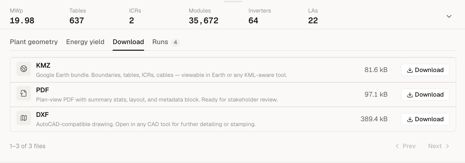 SolarLayout Download tab listing the KMZ row with its Save button outlined, ready for download.