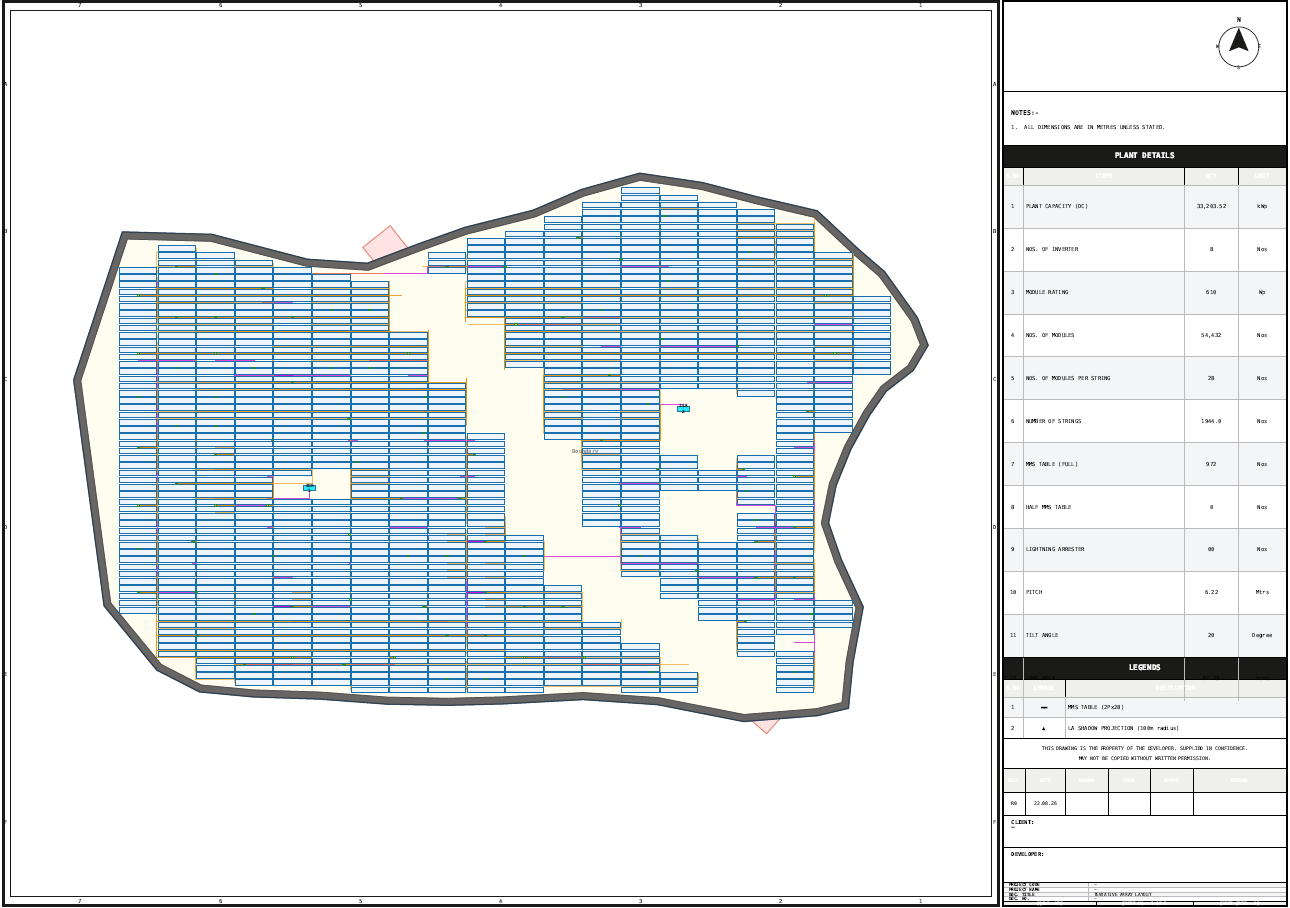 The first page of the exported report: the layout drawing with a border, north arrow, title block and plant details table.