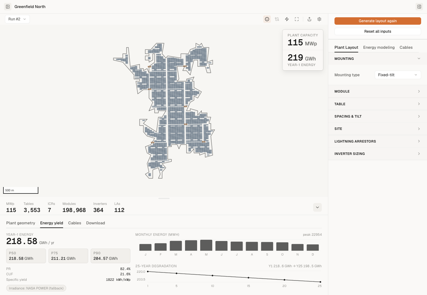A finished layout — the canvas shows the placed module tables and numbered ICRs, while the energy panel reports the P50 annual yield, monthly energy bars, and the 25-year degradation curve.