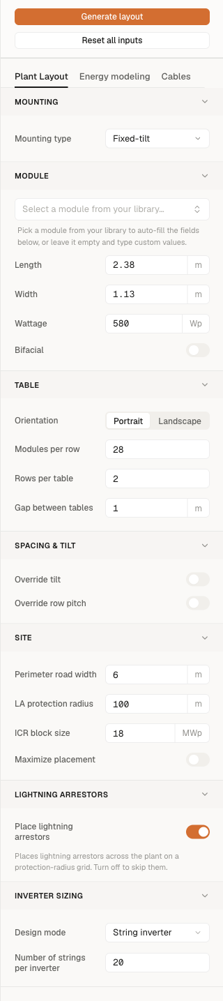The Inspector panel on the right of the project, with the Plant Layout tab open showing the Mounting, Module, Table, Spacing and tilt, Site, Lightning Arrestors, and Inverter sizing settings filled with sensible defaults.