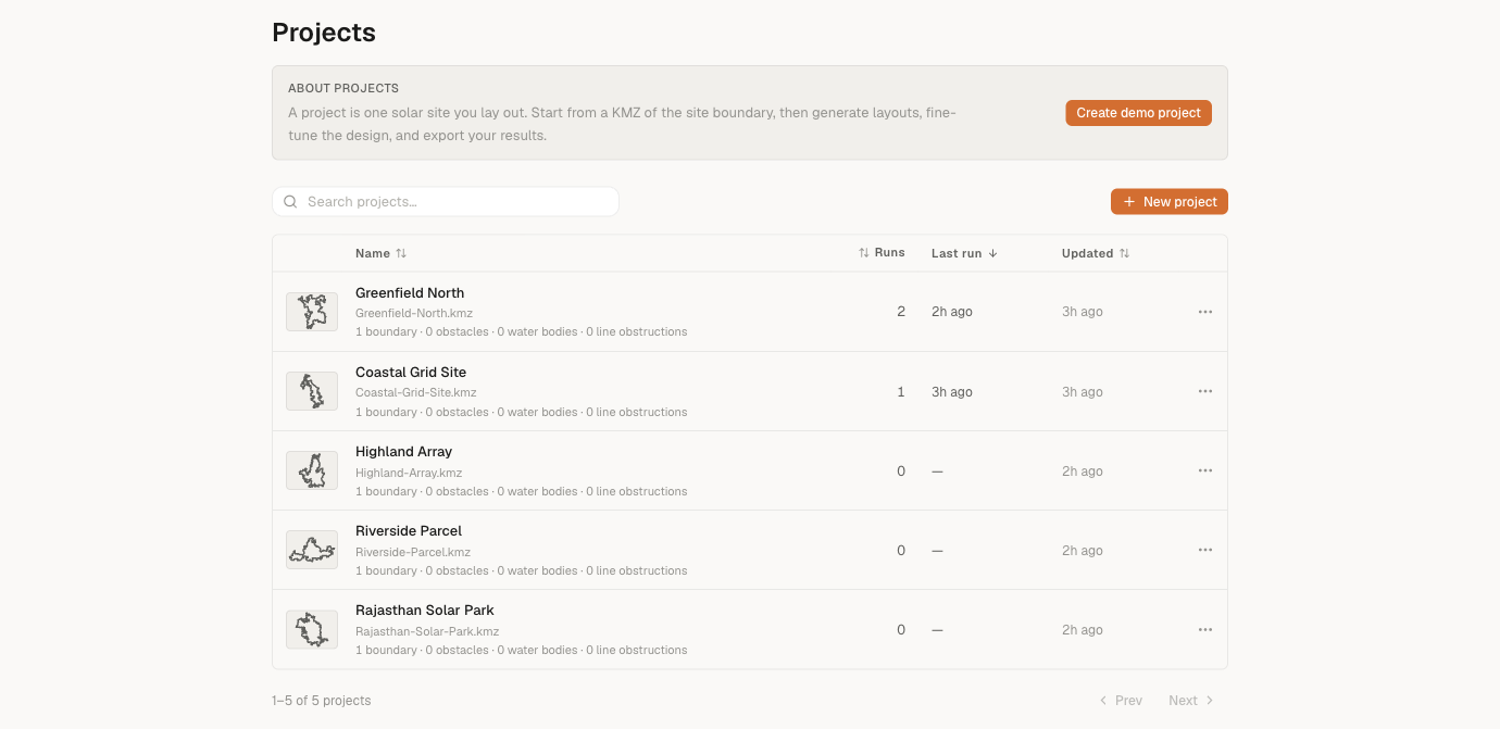 SolarLayout Projects page with the list of recent projects and the New project button at the top-right of the table.