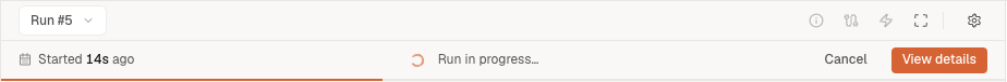 In-flight run status bar across the top of the SolarLayout canvas, showing 'Run in progress…' with the Cancel button and View details.