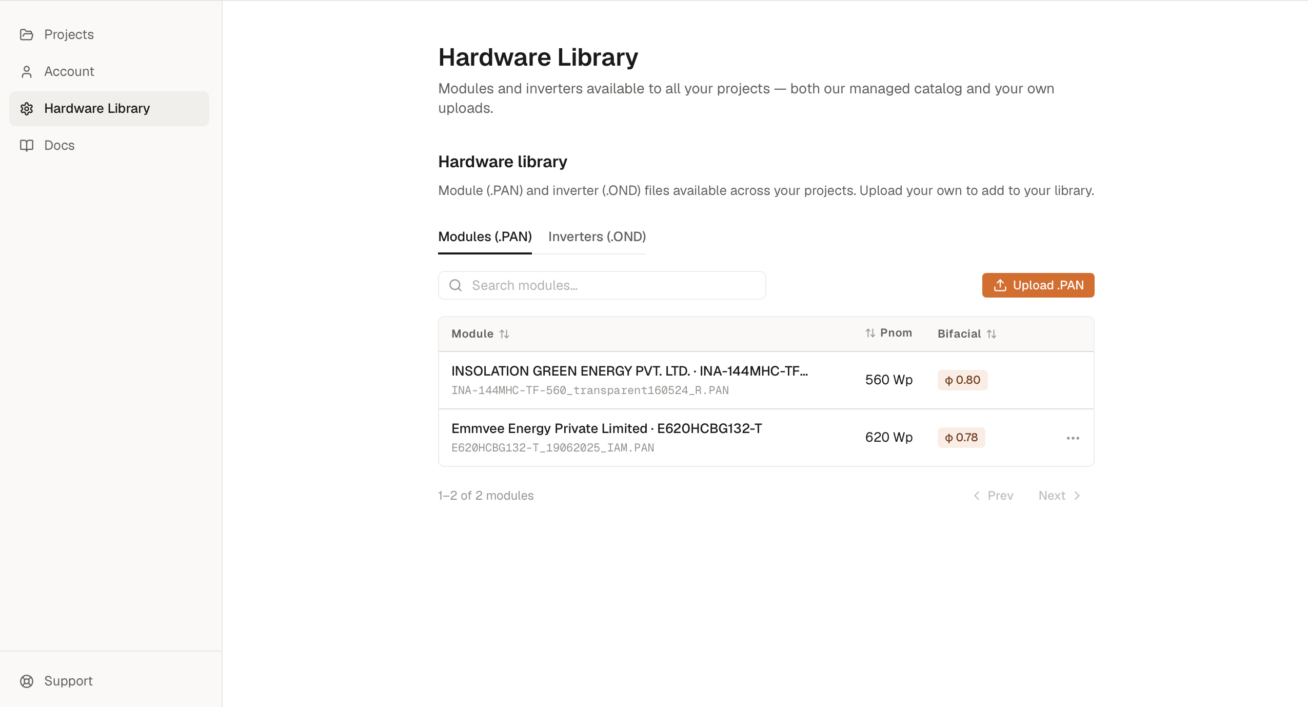 SolarLayout Resource library page showing the Modules tab with four managed catalog entries, each marked with a Managed chip.