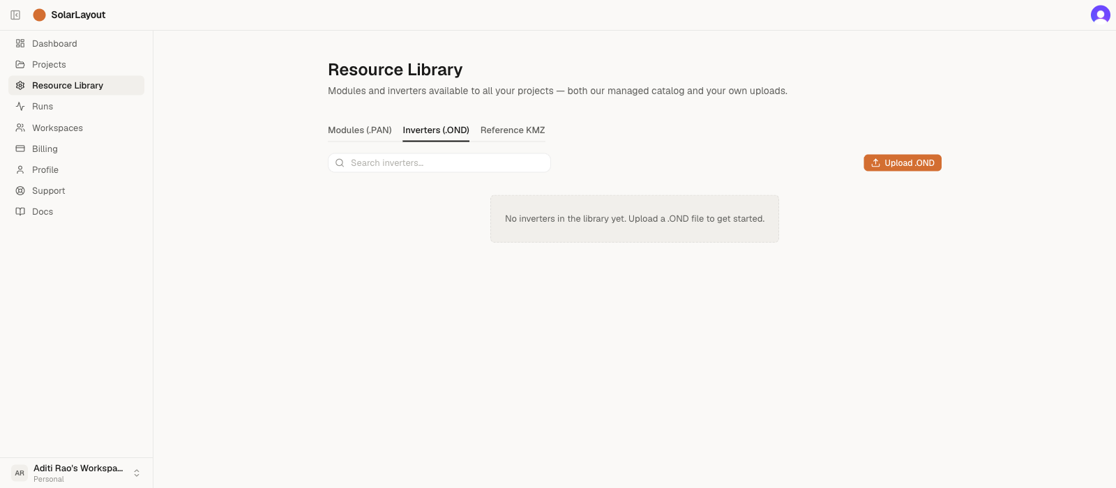 The Resource Library with the Inverters (.OND) tab open, showing the empty inverter library with the orange Upload .OND button at the top-right.