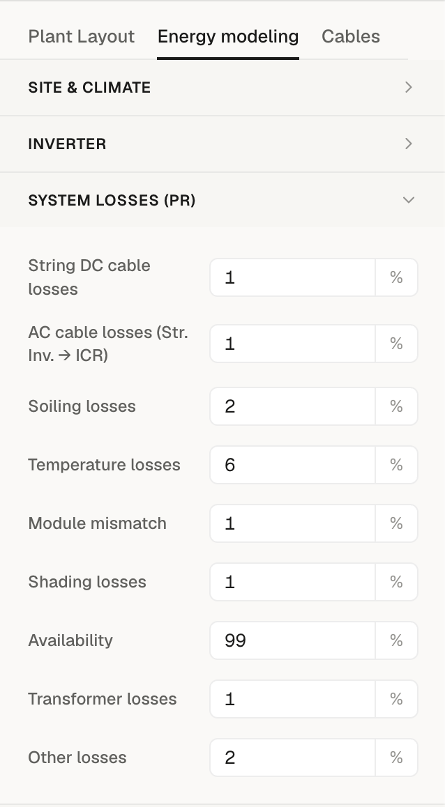 The Energy modeling tab's System Losses (PR) section, showing the nine loss inputs — String DC cable, AC cable, Soiling, Temperature, Module mismatch, Shading, Availability, Transformer, and Other losses — each with a percentage value.