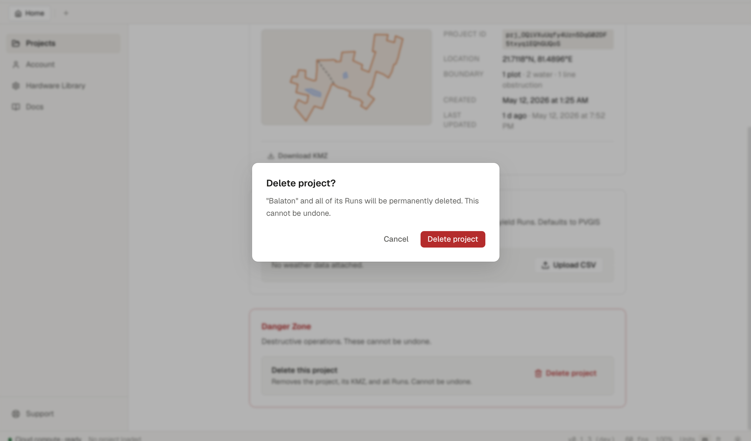 SolarLayout 'Delete project' confirmation dialog with Cancel and a destructive Delete button.