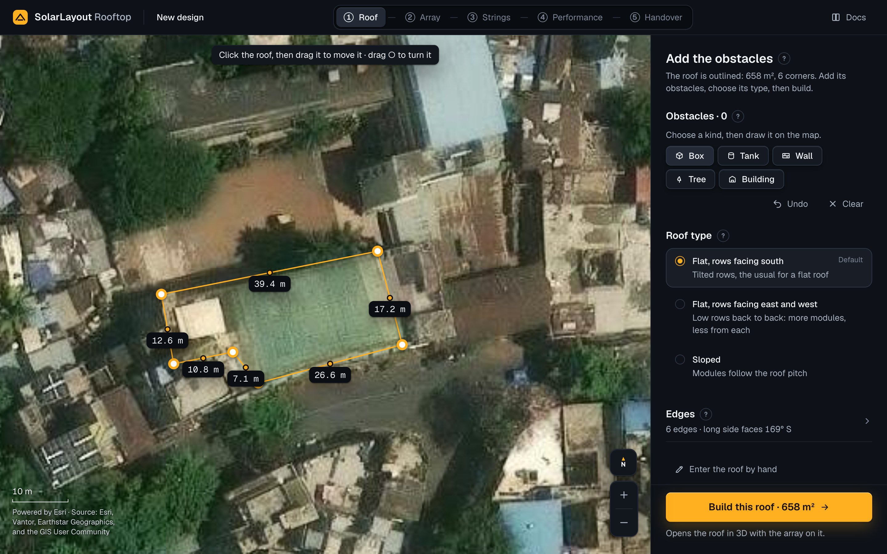 A roof in Pune outlined on satellite imagery with six corners and its edge lengths, beside the column with the obstacles, the roof type and Build this roof · 658 m².