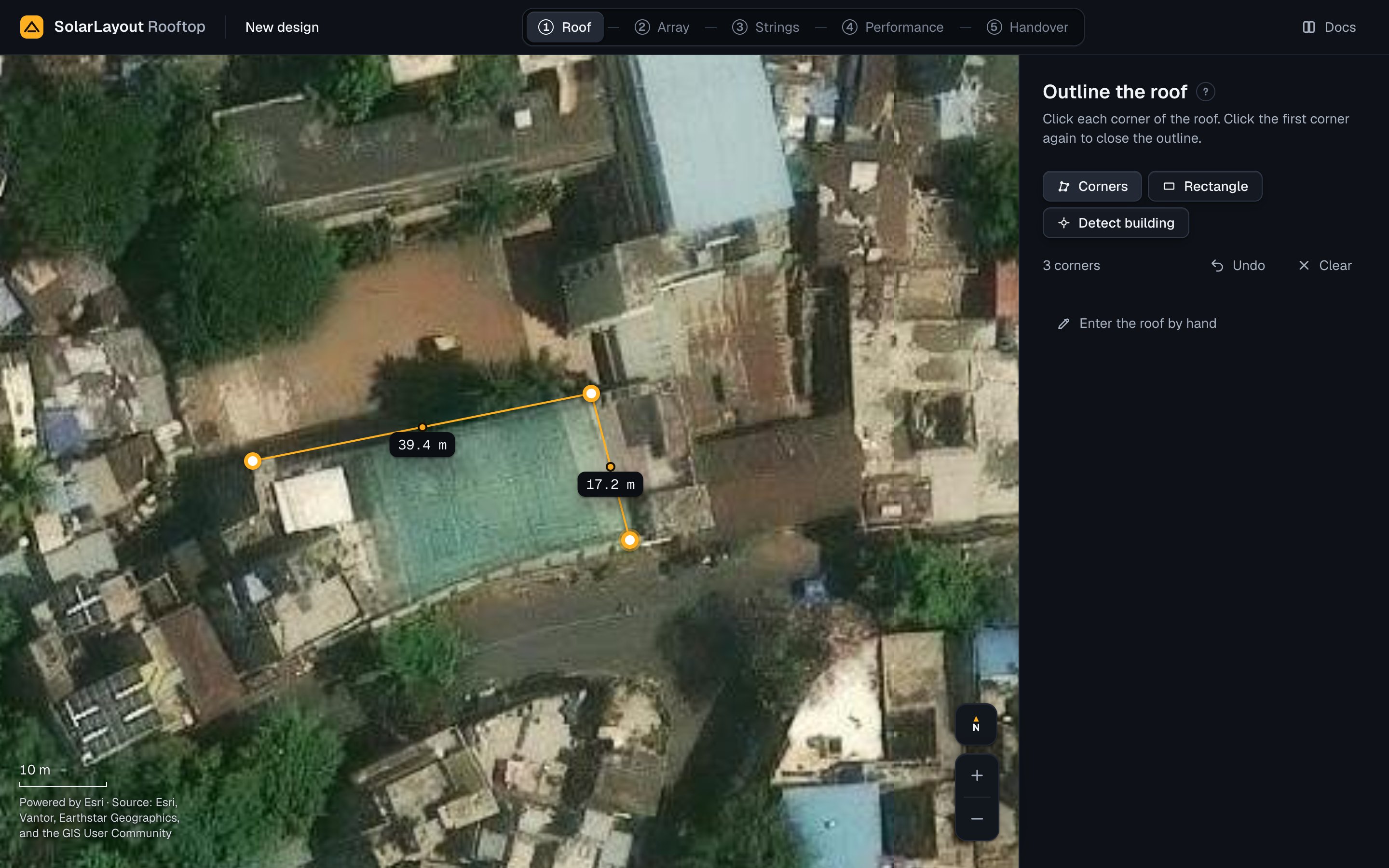 Three corners placed on a roof on the map, with the lengths of the first two edges and the Corners tool pressed.