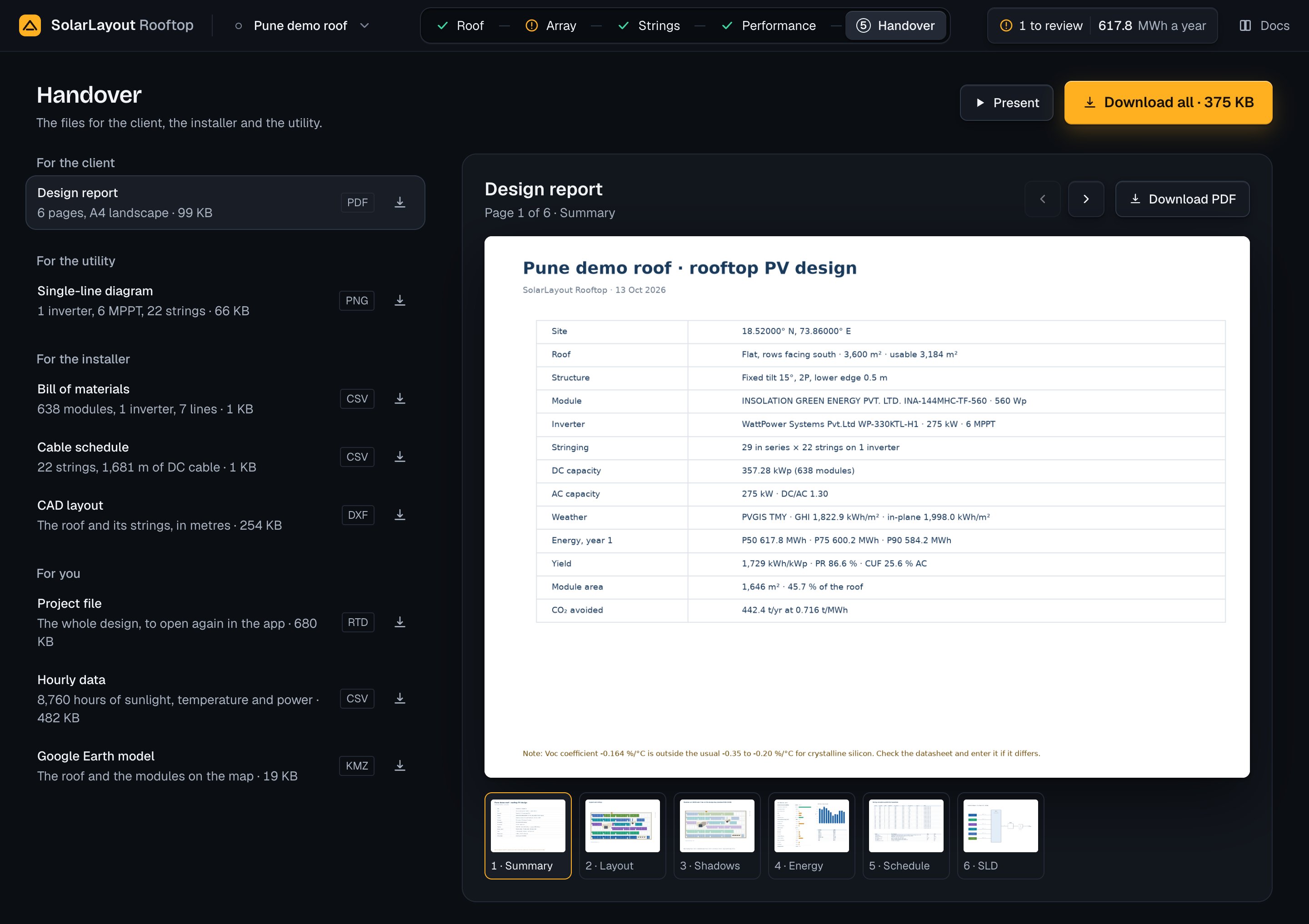 Handover: the files grouped by who they are for with their sizes, Present and Download all at the head, and the design report previewed with its page thumbnails.