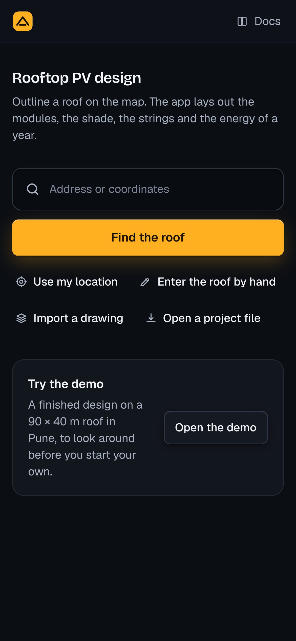 Home on a phone: the search, a full-width Find the roof button, the ways to start in two rows and the demo card.