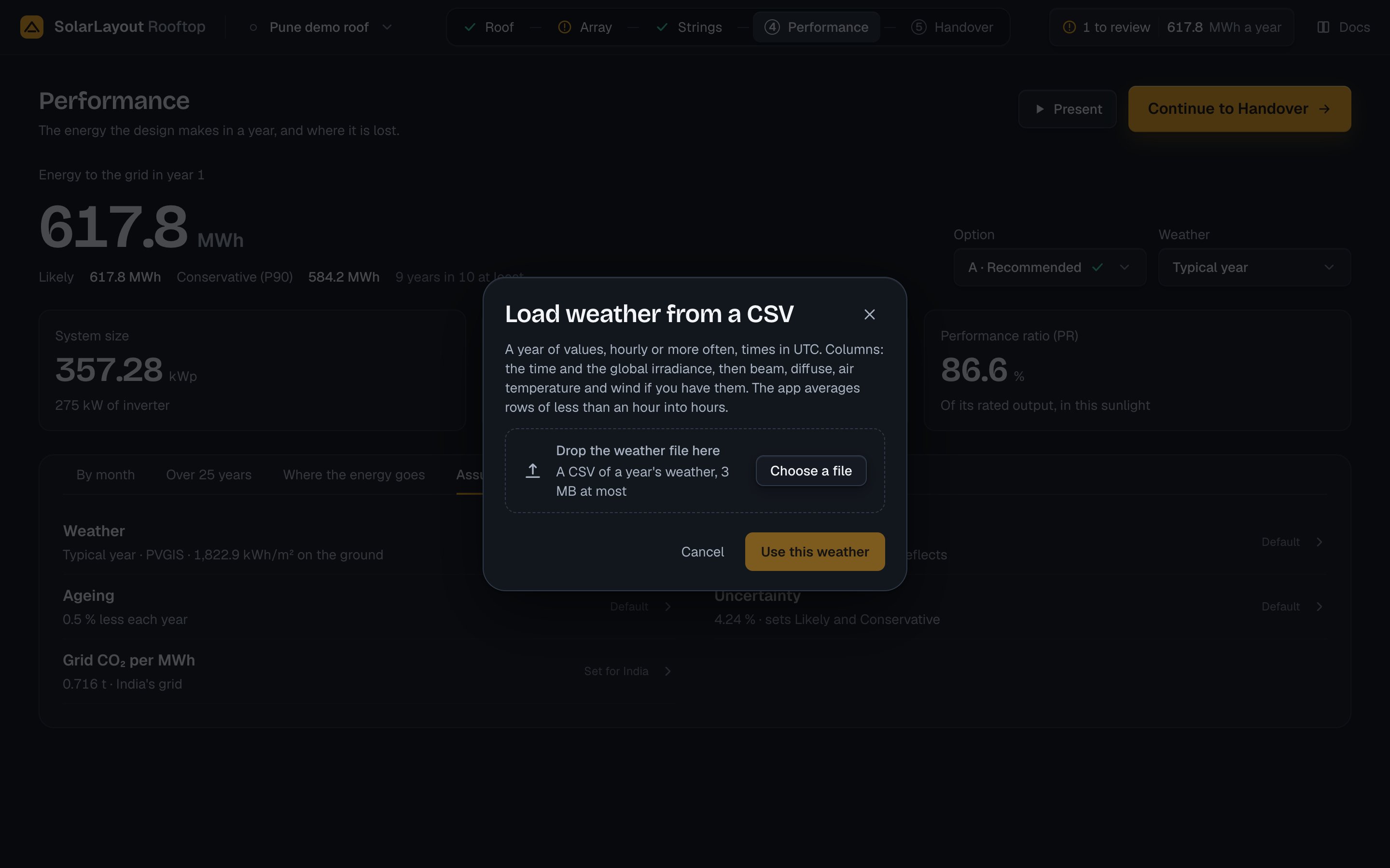 The Load weather from a CSV window: the columns it reads and the area to drop the file.