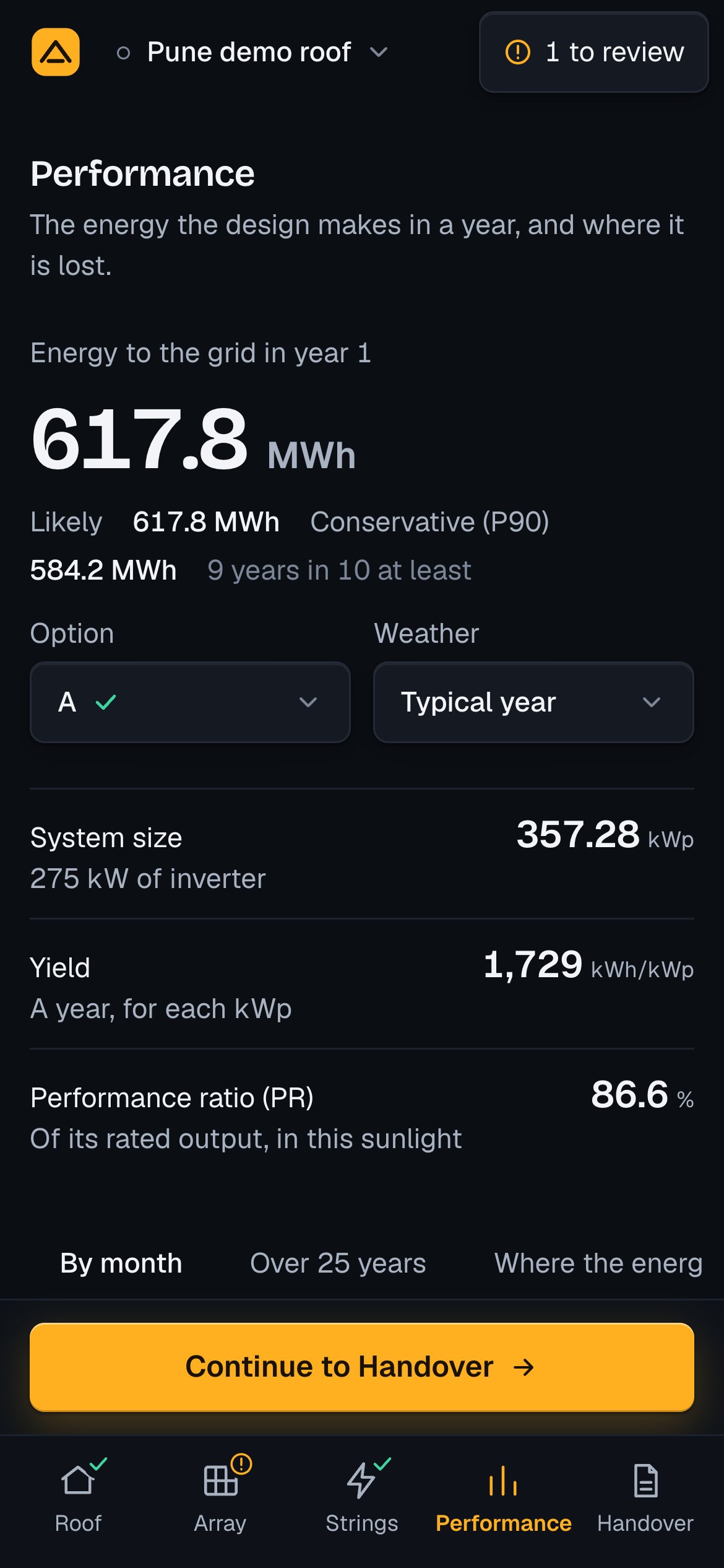 Performance on a phone: the year's energy, the option and weather side by side, and the figures as a list, Continue to Handover pinned.