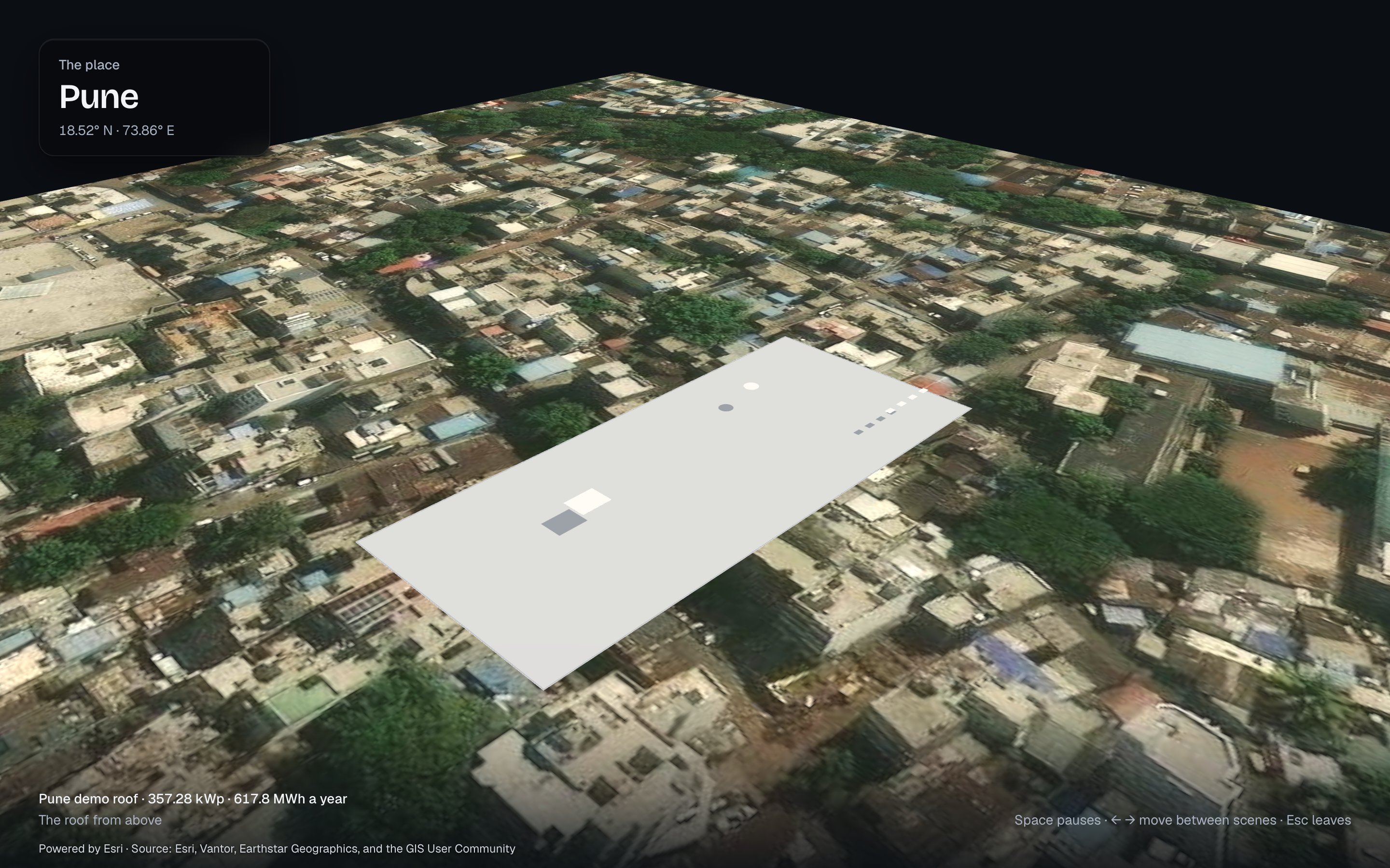 The tour's first scene: the satellite view of the place with the roof on it, the panel naming Pune with its coordinates, and the design's figures at the foot.