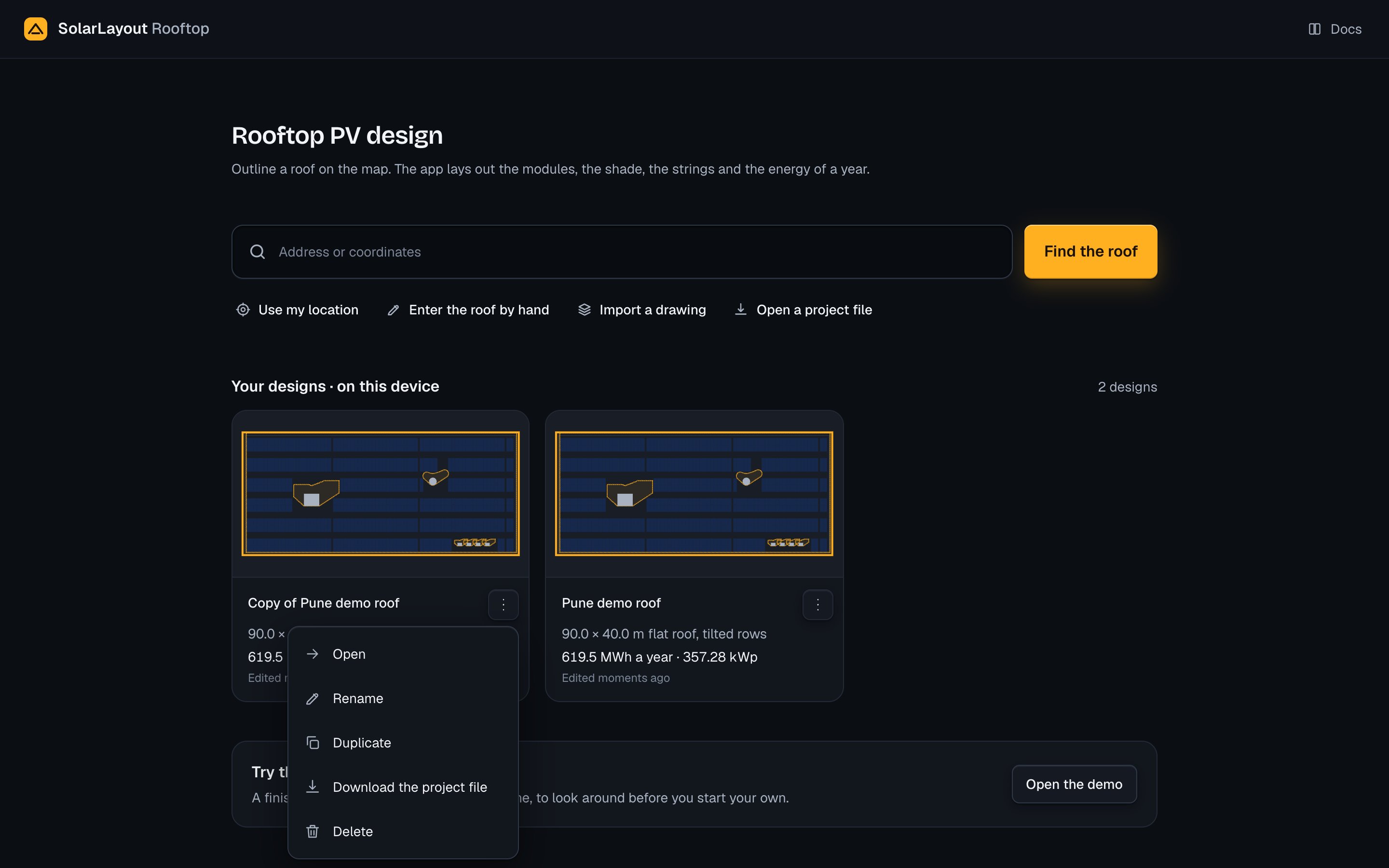 A design card's menu open: Open, Rename, Duplicate, Download the project file and Delete.