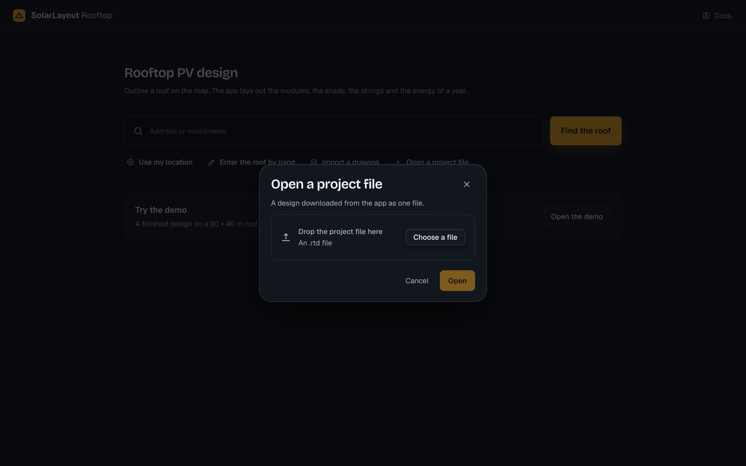 The Open a project file window, waiting for a project file (.rtd) to be dropped or chosen.