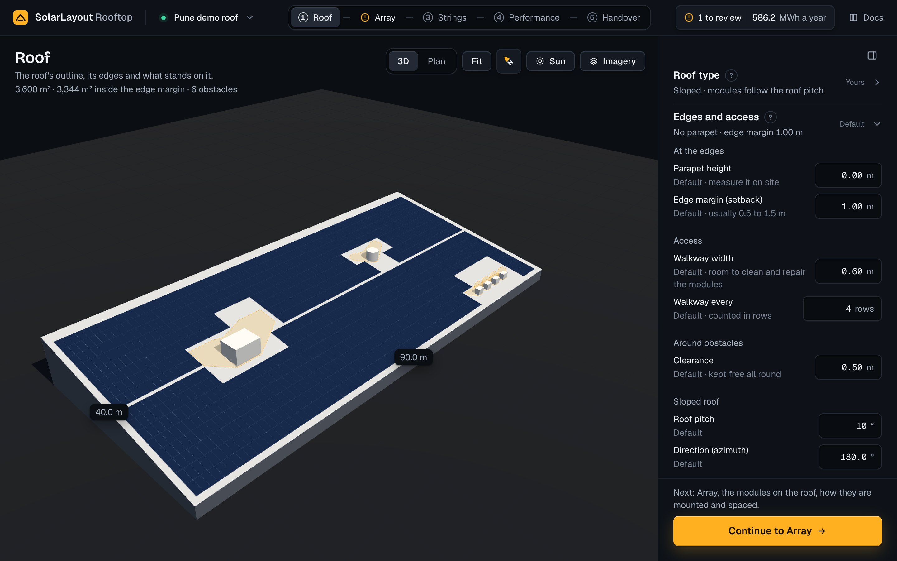 The demo roof set to Sloped, its modules flush in long rows, with the Sloped roof group showing the roof pitch and its direction.