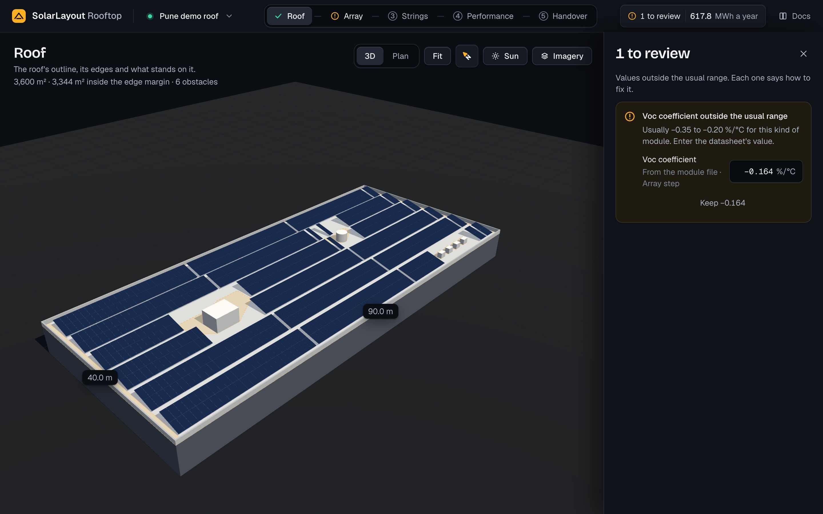 The list of notes to review with the demo's one note: the module's Voc coefficient outside the usual range, its field and a button to keep the value.