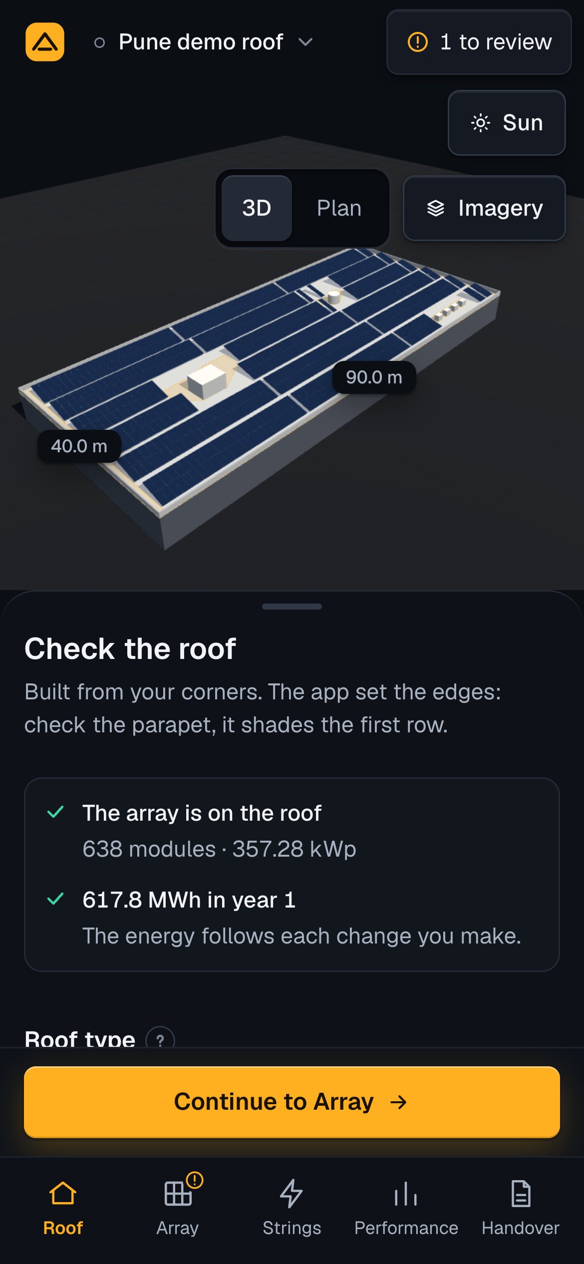 The Studio on a phone: the roof at the top, the sheet with Check the roof and Continue to Array, and the five steps as a tab bar.
