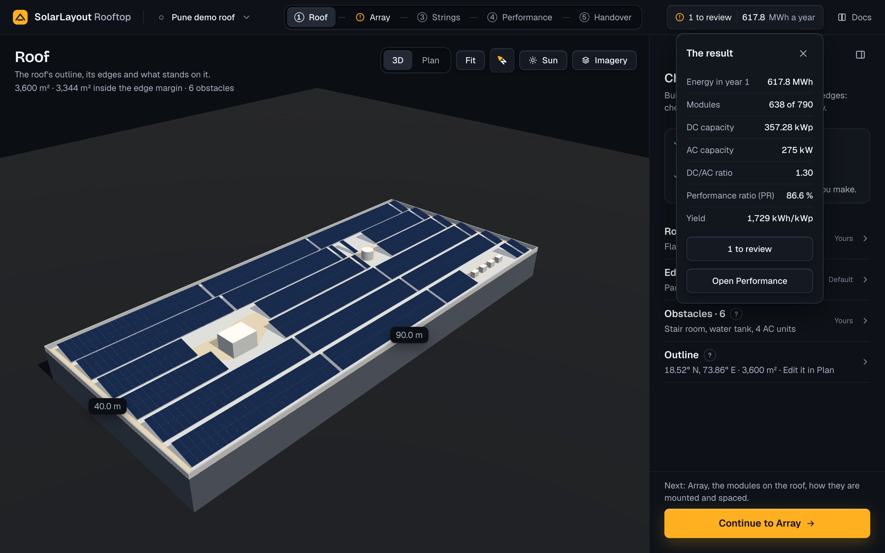 The result panel open under the top bar: energy in year 1, modules, DC and AC capacity, DC/AC ratio, performance ratio and yield, with Open Performance.