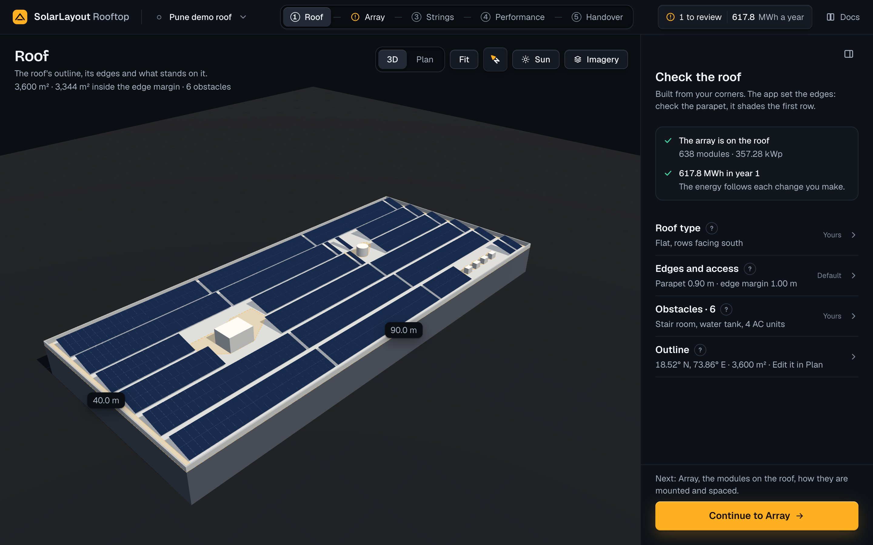 The Roof step at its first open: the five steps and the result in the top bar, the demo roof in 3D, and Check the roof with the array and its energy confirmed, Continue to Array at the foot.