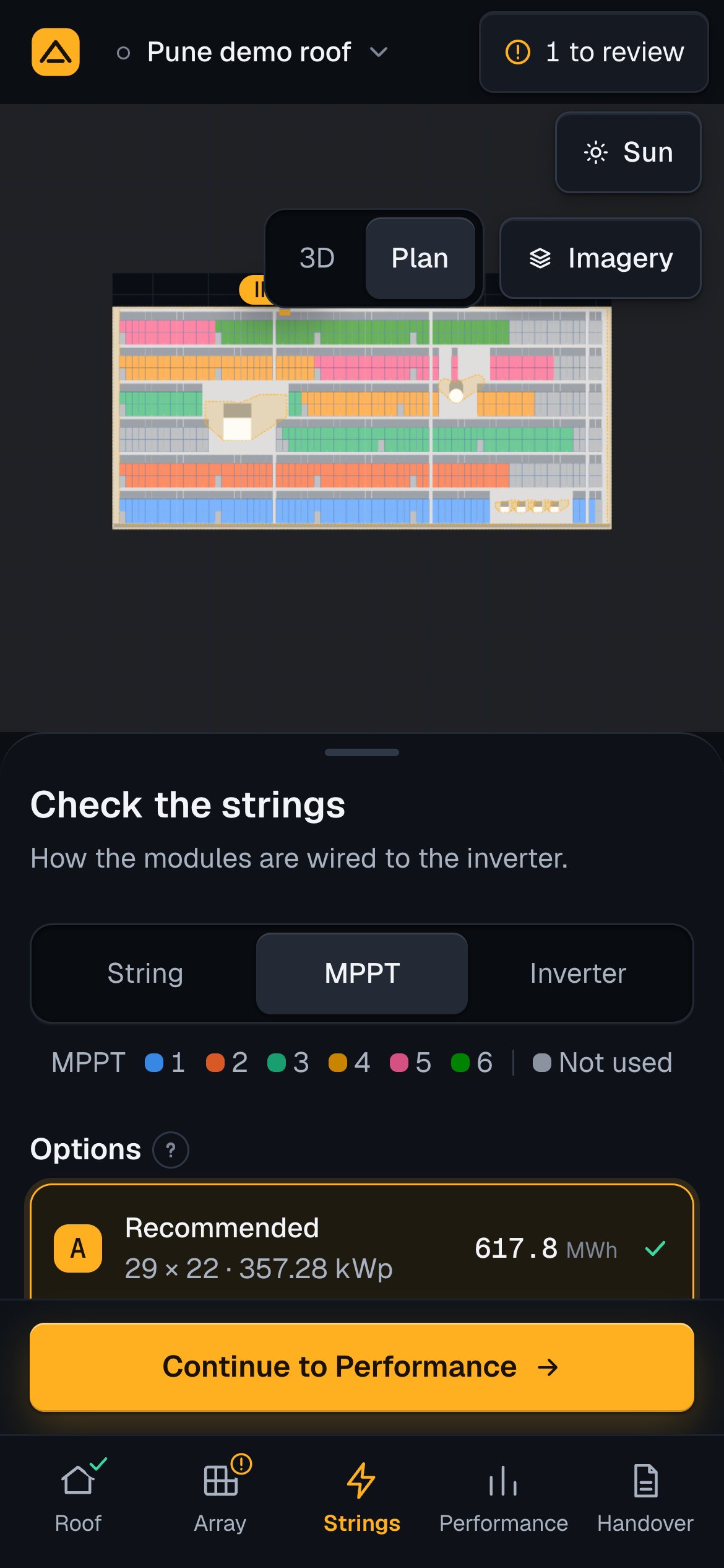 The Strings step on a phone: the coloured plan on top, and the sheet with the colour switch, the legend and the first option.