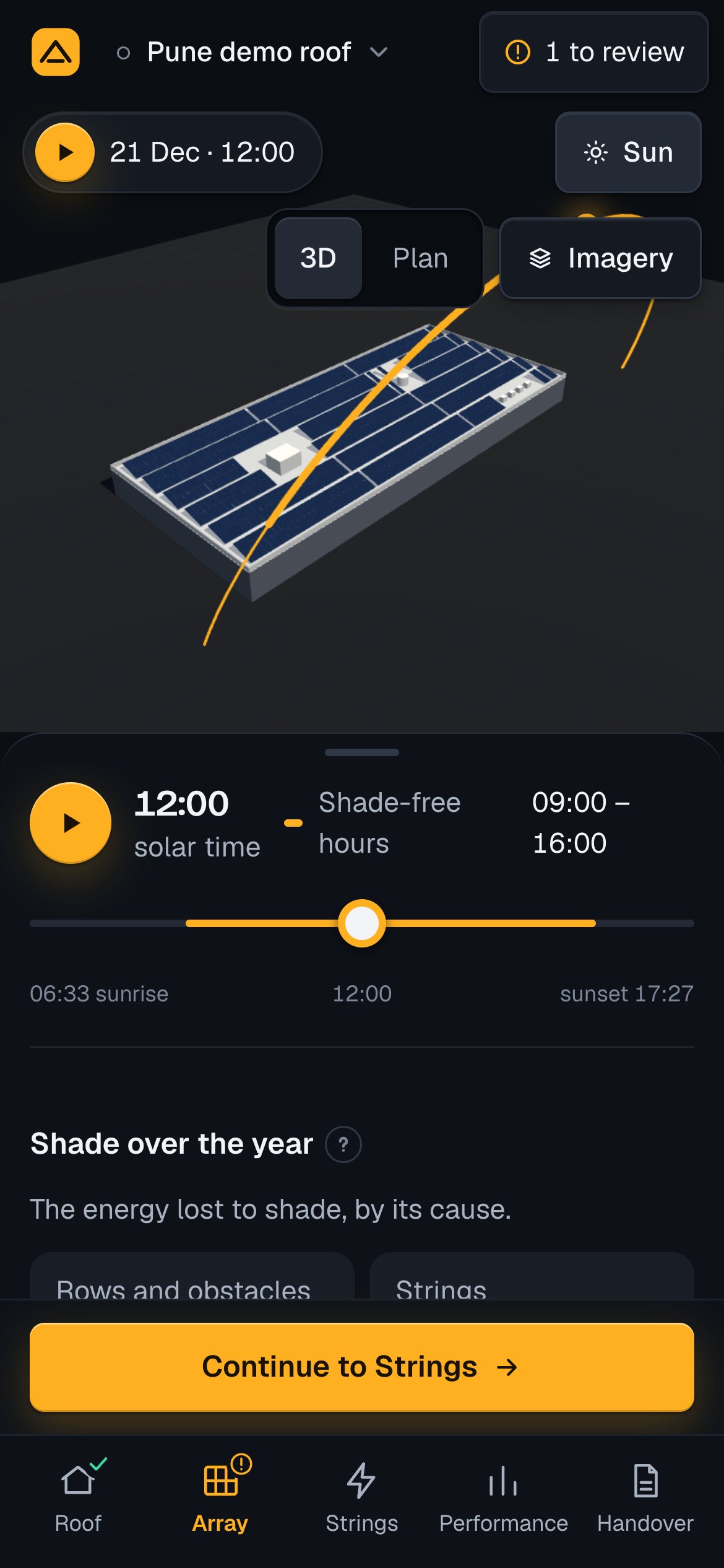 The Sun view on a phone: the time over the roof and the sheet with the time slider, the shade-free hours and the start of the shade card.