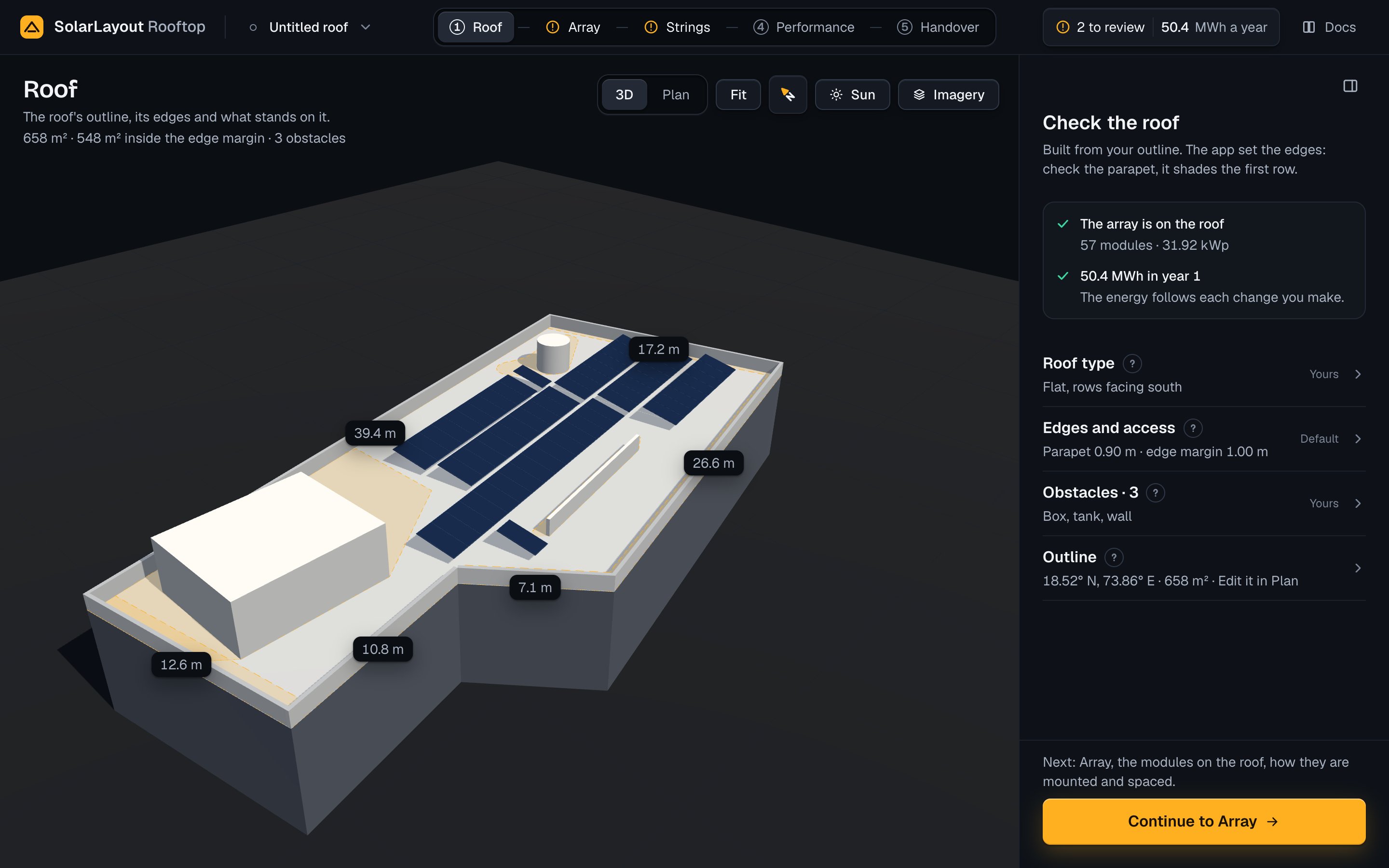 The traced roof built in 3D with its stair room, tank and wall and a few rows of modules, and Check the roof with the modules and the energy of year 1.