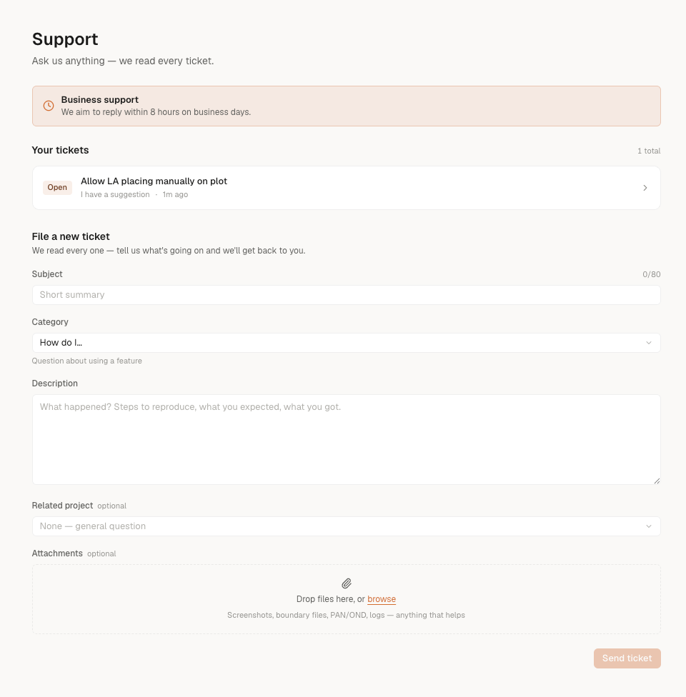 SolarLayout Support page on a Pro Plus account showing the 'Business support' tier banner, one ticket in the history list, and the 'File a new ticket' form.
