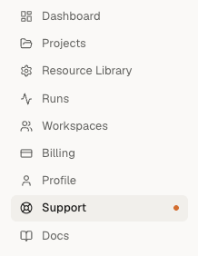 The Support entry in the home sidebar with a small accent dot marking an unread reply.