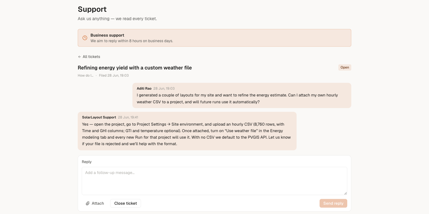 A support ticket thread showing a message from you and a reply, an attachments list, and the Reply box with Attach, Close ticket, and Send reply controls.