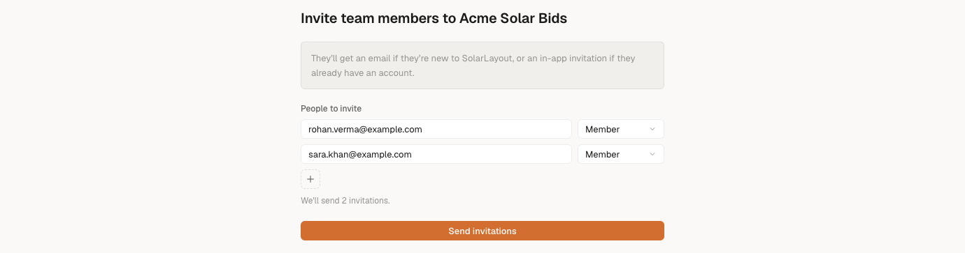The full-page 'Invite team members to your workspace' experience — an email field with a Member/Admin role picker, an add-row button, and a Send invitations button.