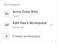 The workspace switcher open in the sidebar, listing a shared workspace and a default workspace with a tick on the active one, plus a Create workspace option.